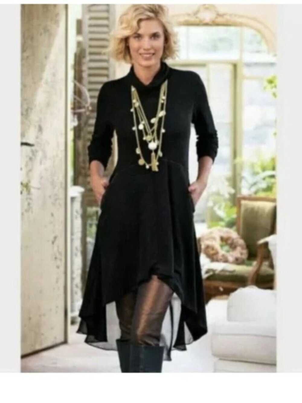 Soft Surroundings Crescent Moon Dress Black Hi Low Cowl Pockets